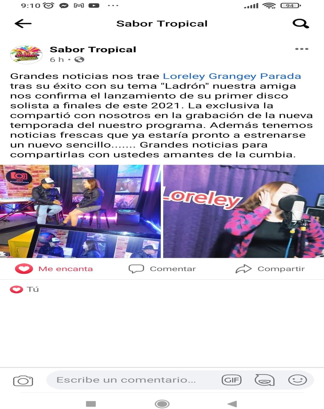 Publicación de Sabor Tropical sobre Loreley Grey